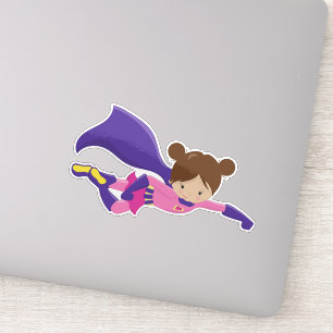 Superhero Girl, Brown Hair, Purple Cape, Cute Girl Sticker