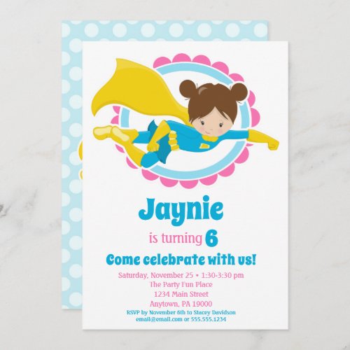 Superhero Girl _ Brunette Birthday Party Invitation