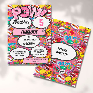 Superhero Girl Comic Book Birthday Party Pink Invitation