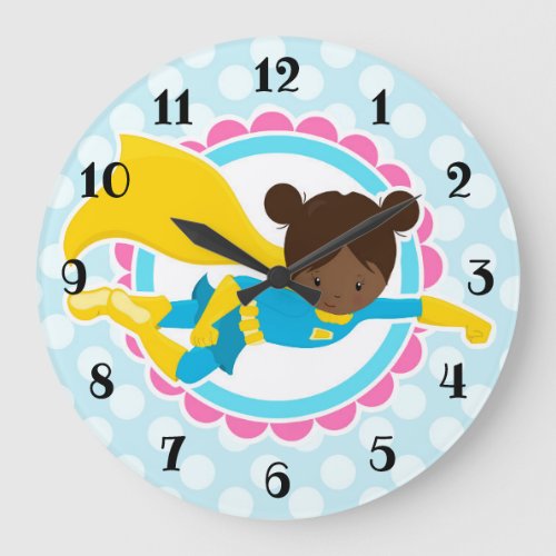 Superhero Girl _ Cute African American Flying Hero Large Clock