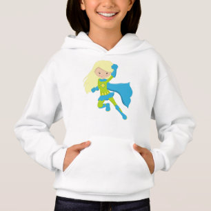 Superhero Girl, Cute Girl, Blonde Hair, Blue Cape Hoodie