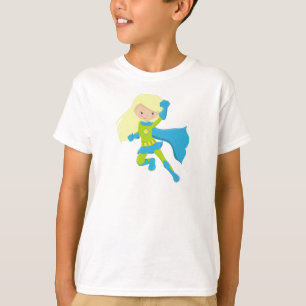 Superhero Girl, Cute Girl, Blonde Hair, Blue Cape T-Shirt