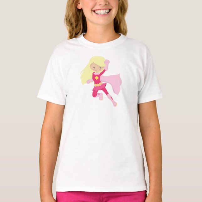 Superhero Girl, Cute Girl, Blonde Hair, Pink Cape T-Shirt (Front)