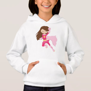 Superhero Girl, Cute Girl, Brown Hair, Pink Cape Hoodie