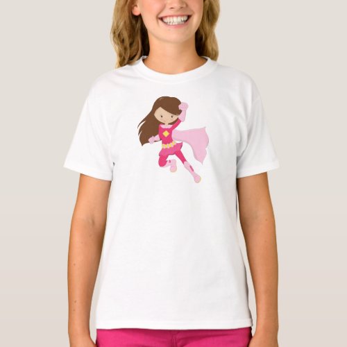 Superhero Girl Cute Girl Brown Hair Pink Cape T_Shirt