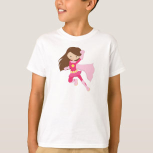 Superhero Girl, Cute Girl, Brown Hair, Pink Cape T-Shirt