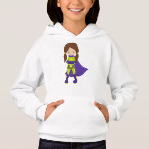 Superhero Girl, Cute Girl, Brown Hair, Purple Cape Hoodie