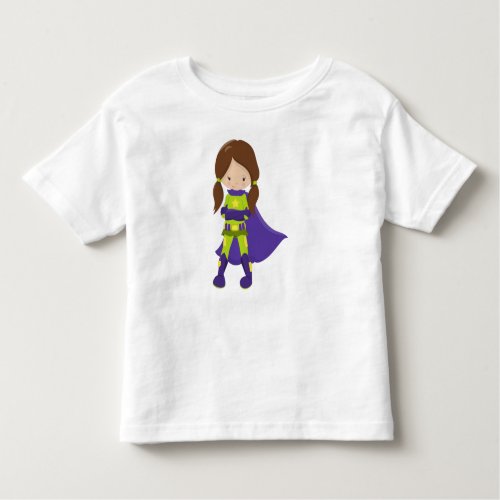 Superhero Girl Cute Girl Brown Hair Purple Cape Toddler T_shirt
