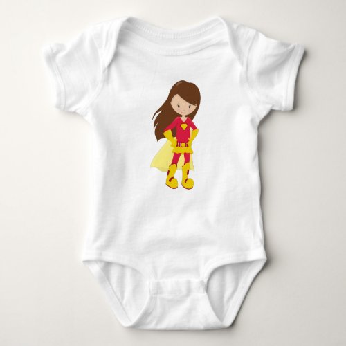 Superhero Girl Cute Girl Brown Hair Red Costume Baby Bodysuit