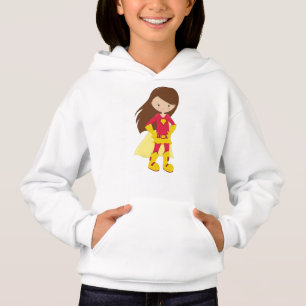 Superhero Girl, Cute Girl, Brown Hair, Red Costume Hoodie