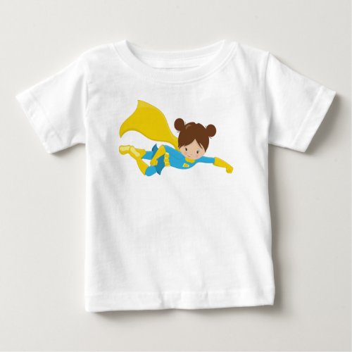 Superhero Girl Cute Girl Brown Hair Yellow Cape Baby T_Shirt