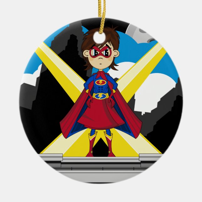 Superhero Girl on Rooftop Ceramic Ornament (Front)