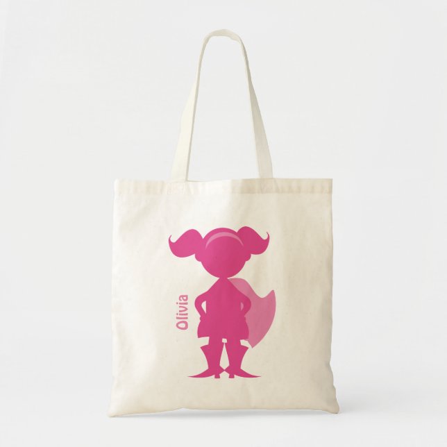 Superhero Girl Silhouette Personalized Pink Tote Bag (Front)