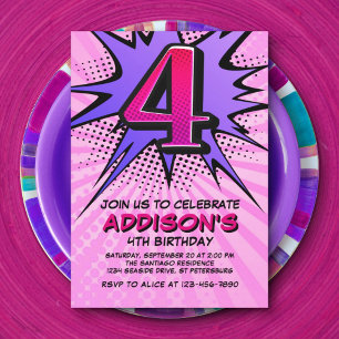 Superhero Girl's 4th Birthday Invitation