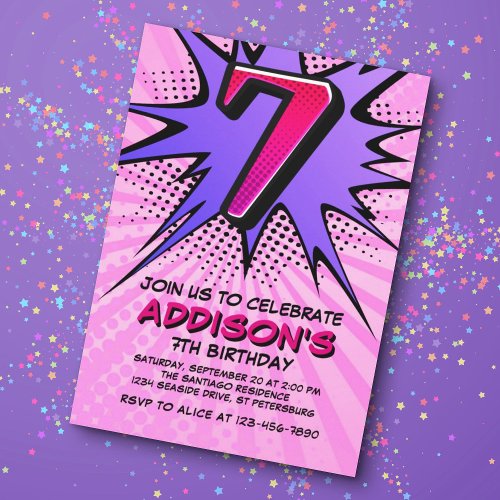Superhero Girls 7th Birthday Invitation