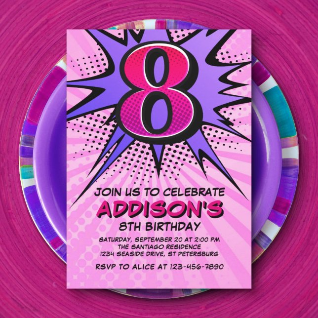 Superhero Girl's 8th Birthday Invitation (Creator Uploaded)
