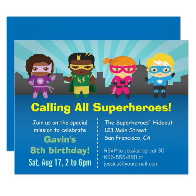 Superhero Group Kids Birthday Party Invitations