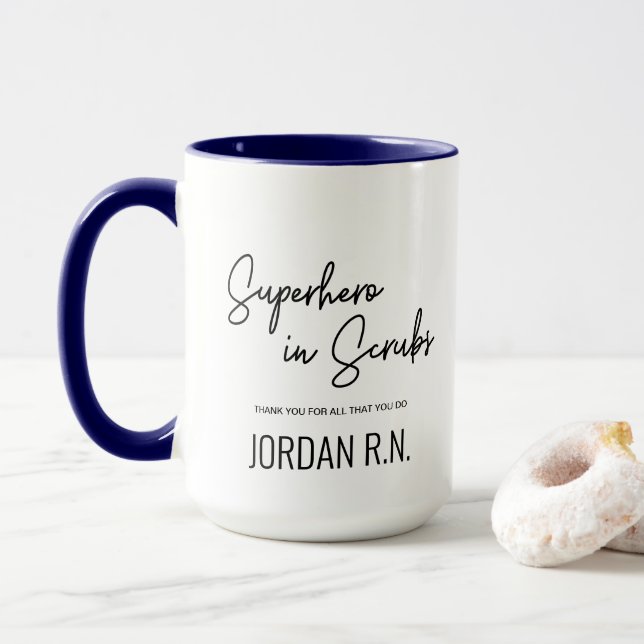 Superhero in Scrubs Personalized Thank you Nurse Mug (With Donut)