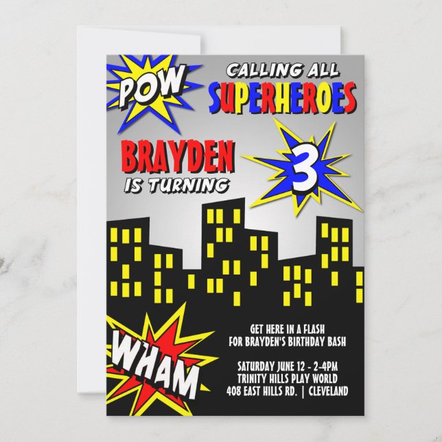 Superhero in the City Boys Birthday Invitation (Front)