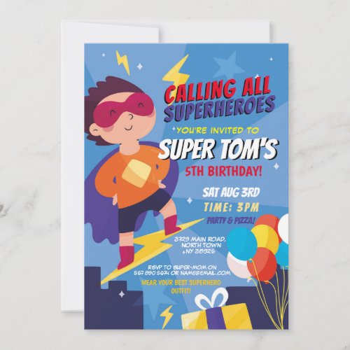 Superhero Invitation Boys Blue Stars Super Party