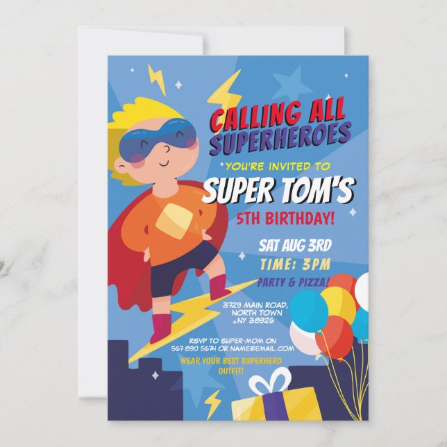 Superhero Invitation Boys Blue Stars Super Party (Front)
