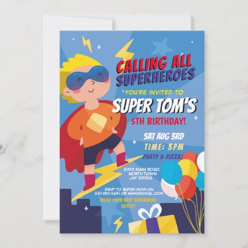 Superhero Invitation Boys Blue Stars Super Party