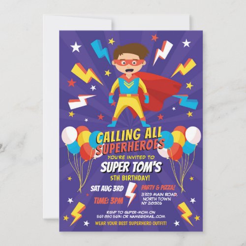 Superhero Invitation Boys Blue Stars Super Party