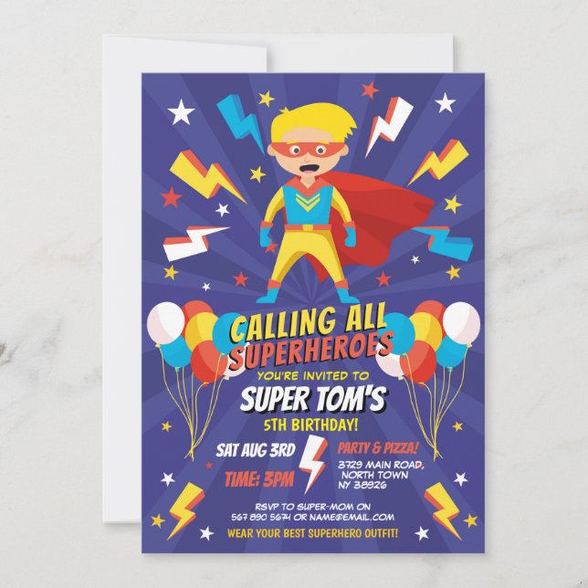 Superhero Invitation Boys Blue Stars Super Party (Front)