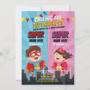 Superhero Invitation Pink Blue Joint Boy Girl