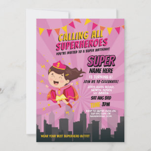 Superhero Invitation Pink Girls Super Party
