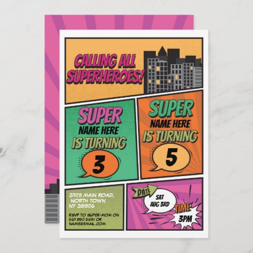 Superhero Invitation Shared Joint Party Pink Comic