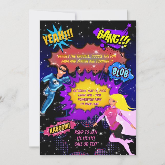 Superhero Invitation, Twins Birthday Invitation (Front)