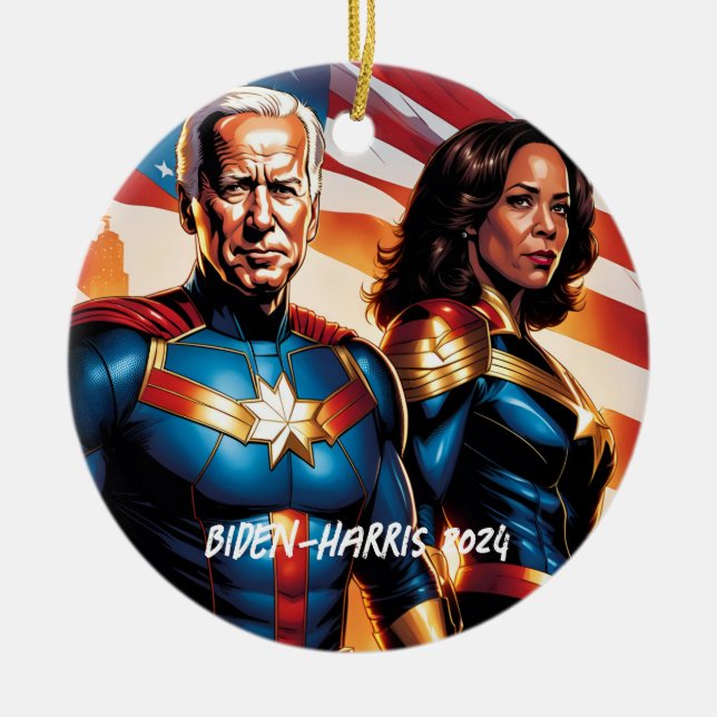 Superhero Joe Biden and Kamala Harris  Ceramic Ornament (Front)