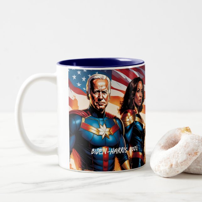 Superhero Joe Biden and Kamala Harris  Two-Tone Coffee Mug (With Donut)