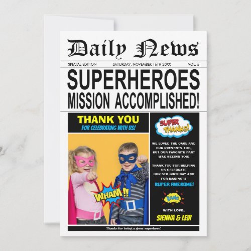 Superhero Joint Twins Birthday Boy Girl Photo Thank You Card