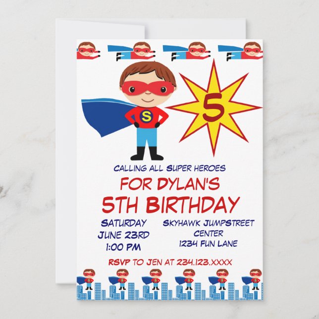 Superhero Kids Birthday Party Invitations for Boys (Front)