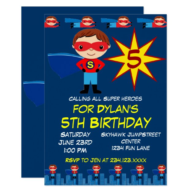 Superhero Kids Boys Birthday Party Invitation Blue