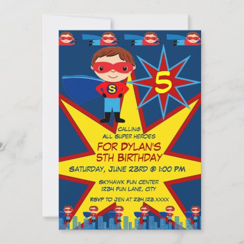Superhero Kids Boys Birthday Party Invitation Blue