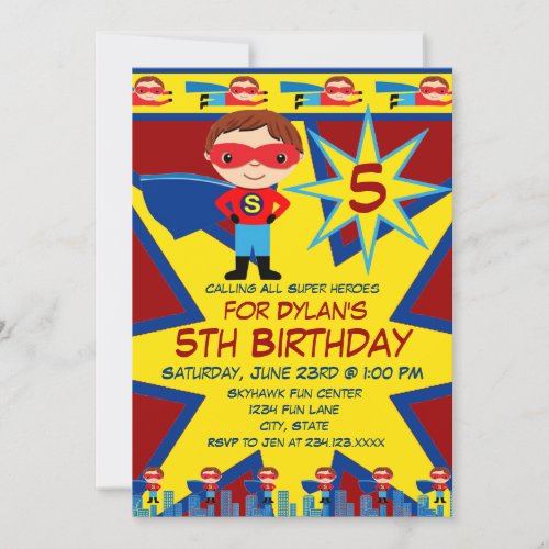 Superhero Kids Boys Birthday Party Invitation Red