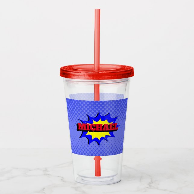 Superhero Kids Comic Book Personalized Name Acrylic Tumbler (Front)