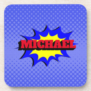 Superhero Kids Comic Book Personalized Name Beverage Coaster