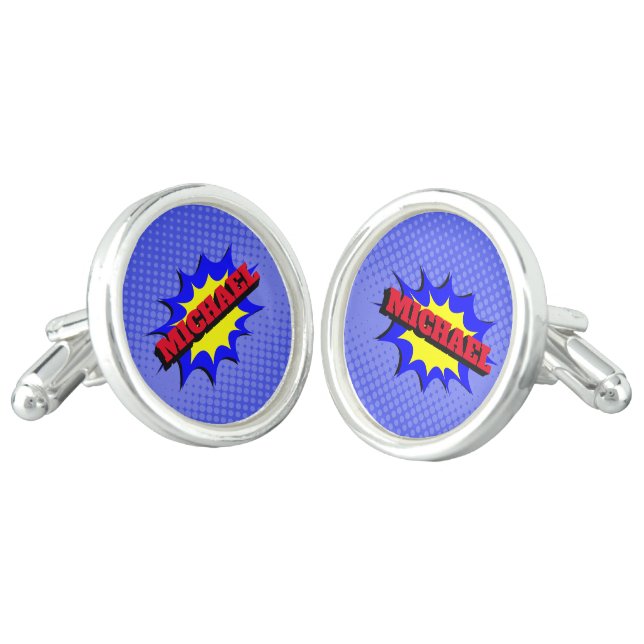 Superhero Kids Comic Book Personalized Name Cufflinks (Angled)