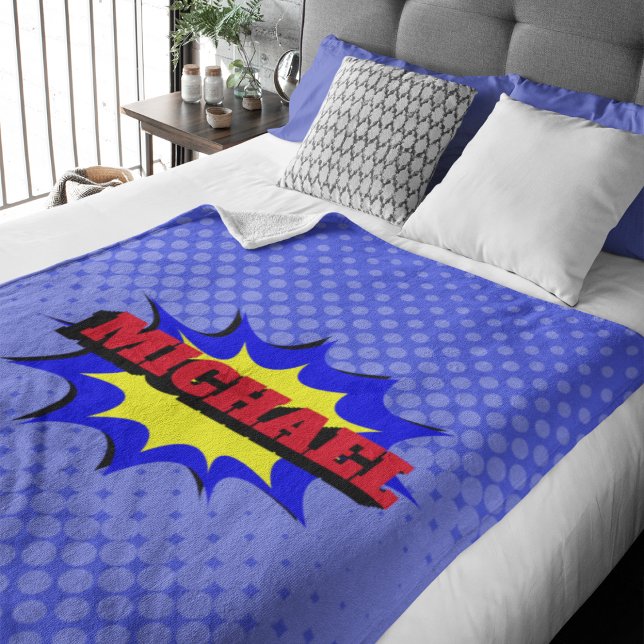Superhero Kids Comic Book Personalized Name Fleece Blanket (Creator Uploaded)