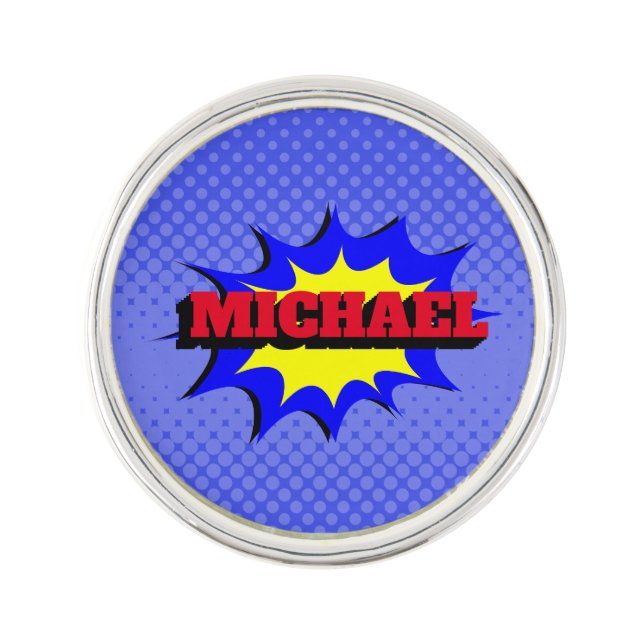 Superhero Kids Comic Book Personalized Name Lapel Pin (Front)