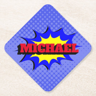 Superhero Kids Comic Book Personalized Name Paper Coaster
