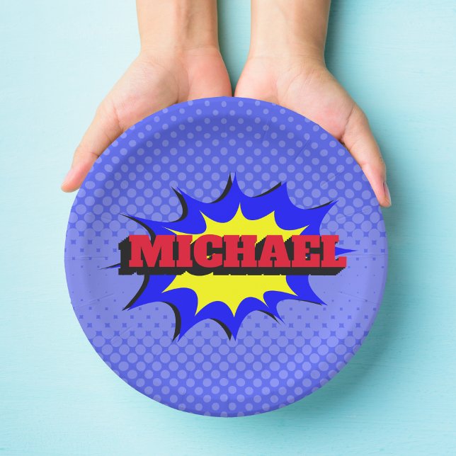 Superhero Kids Comic Book Personalized Name Paper Plates (Creator Uploaded)