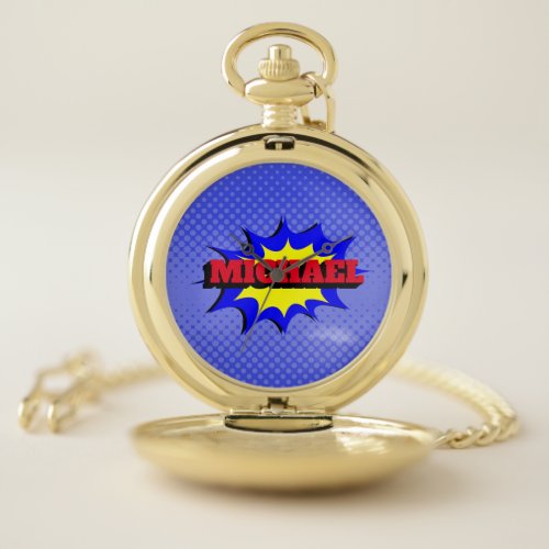 Superhero Kids Comic Book Personalized Name Pocket Watch