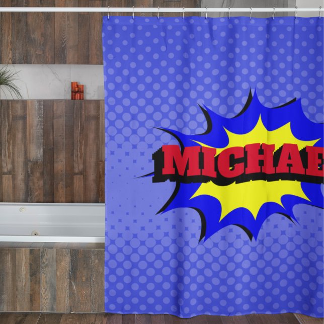 Superhero Kids Comic Book Personalized Name Shower Curtain (Creator Uploaded)