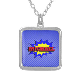 Superhero Kids Comic Book Personalized Name Silver Plated Necklace