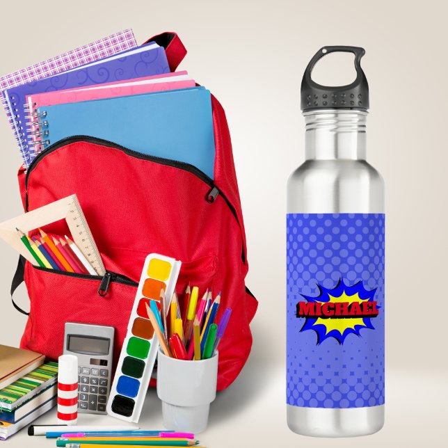 Superhero Kids Comic Book Personalized Name Stainless Steel Water Bottle (Creator Uploaded)